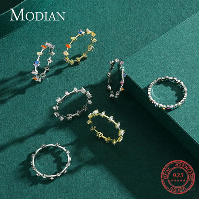 Modian 12 Style Authentic 925 Sterling Silver Rainbow Colorful Fashion Stackable Finger Ring For Women Grils Statement Jewelry