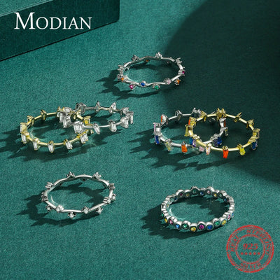 Modian 12 Style Authentic 925 Sterling Silver Rainbow Colorful Fashion Stackable Finger Ring For Women Grils Statement Jewelry