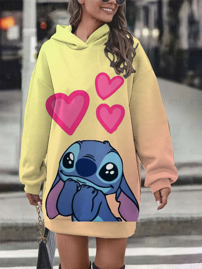 Ladies Sweater Casual Printing Disney Stitch Round Neck Long Sleeve Hooded Sweater Dress Simple Fashion Ladies Clothing New