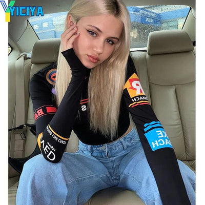 YICIYA T-shirt y2k Top women t-shirts crop top high collar black long sleeves tshirts American racing tee shirt Woman clothing