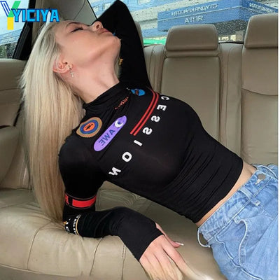 YICIYA T-shirt y2k Top women t-shirts crop top high collar black long sleeves tshirts American racing tee shirt Woman clothing