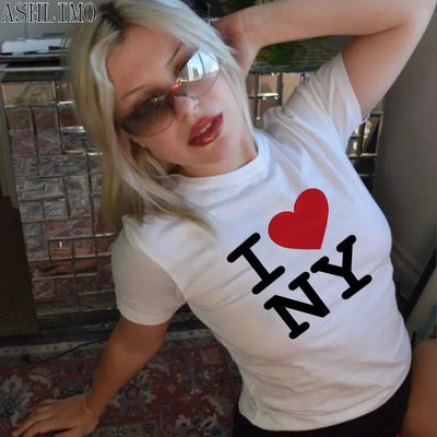 Crop Tops I love NY 2000s Streetwear Harajuku women T-shirt Short Sleeve Y2K Fashion Letter Print Cute Baby Tees E-girls Slim