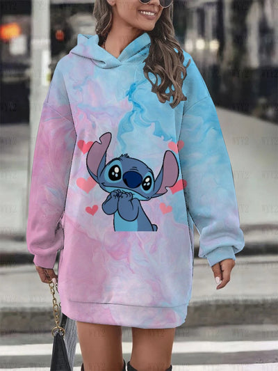 Ladies Sweater Casual Printing Disney Stitch Round Neck Long Sleeve Hooded Sweater Dress Simple Fashion Ladies Clothing New