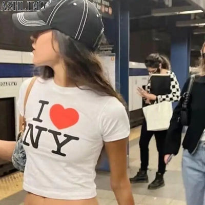 Crop Tops I love NY 2000s Streetwear Harajuku women T-shirt Short Sleeve Y2K Fashion Letter Print Cute Baby Tees E-girls Slim