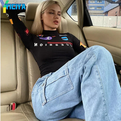 YICIYA T-shirt y2k Top women t-shirts crop top high collar black long sleeves tshirts American racing tee shirt Woman clothing