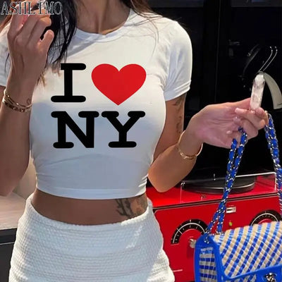 Crop Tops I love NY 2000s Streetwear Harajuku women T-shirt Short Sleeve Y2K Fashion Letter Print Cute Baby Tees E-girls Slim