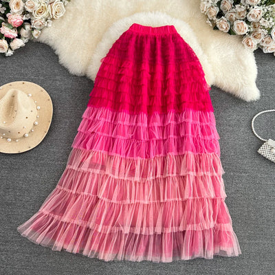 Women Chic Ruffle Tiered Gauze Full Skirt High Waist Elegant Korean Fashion Fairycore A-line Sweet Casual Summer Clothing