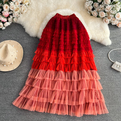 Women Chic Ruffle Tiered Gauze Full Skirt High Waist Elegant Korean Fashion Fairycore A-line Sweet Casual Summer Clothing