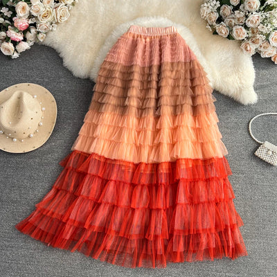 Women Chic Ruffle Tiered Gauze Full Skirt High Waist Elegant Korean Fashion Fairycore A-line Sweet Casual Summer Clothing
