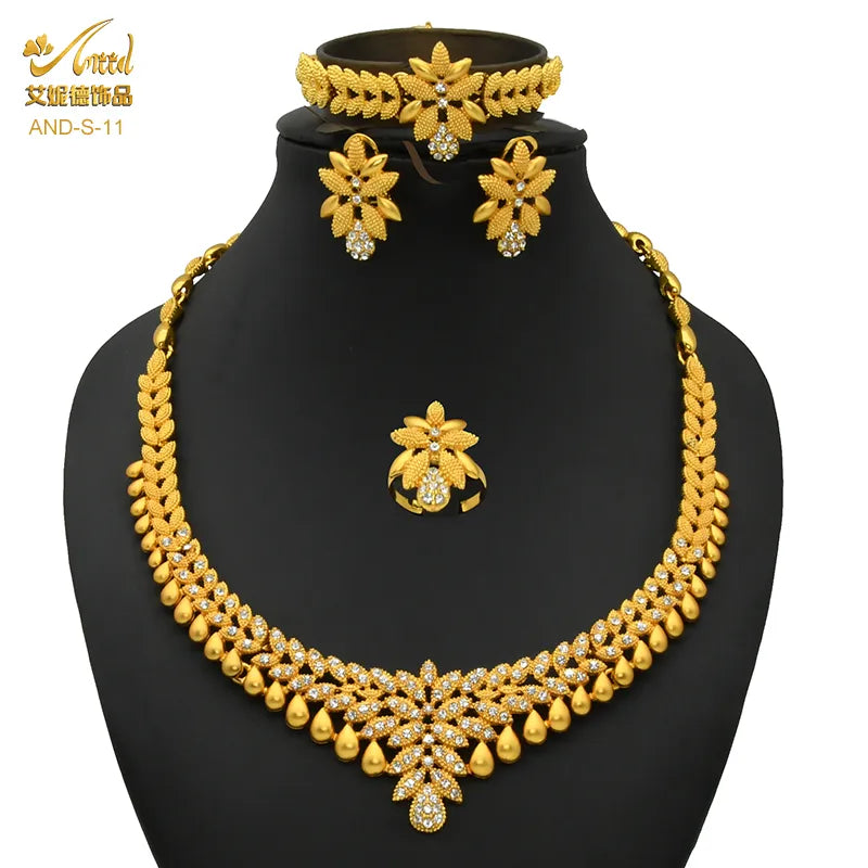 ANIID African Jewelry Set Big Necklace Dubai Ethiopian Gold Color Jewelery Earring Bracelet For Women Bridal Choker Wholesale