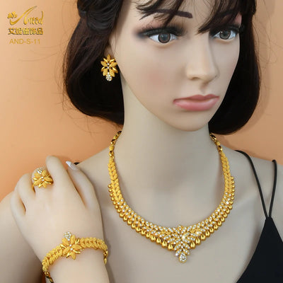 ANIID African Jewelry Set Big Necklace Dubai Ethiopian Gold Color Jewelery Earring Bracelet For Women Bridal Choker Wholesale