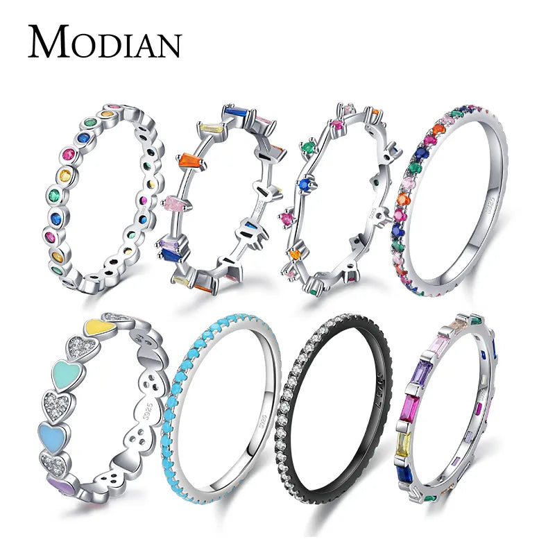Modian 12 Style Authentic 925 Sterling Silver Rainbow Colorful Fashion Stackable Finger Ring For Women Grils Statement Jewelry