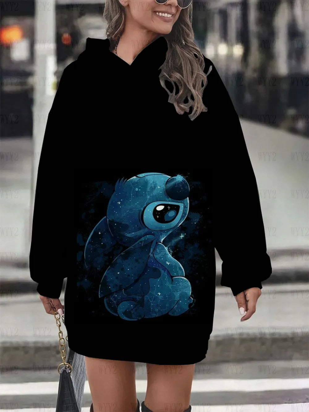 Ladies Sweater Casual Printing Disney Stitch Round Neck Long Sleeve Hooded Sweater Dress Simple Fashion Ladies Clothing New