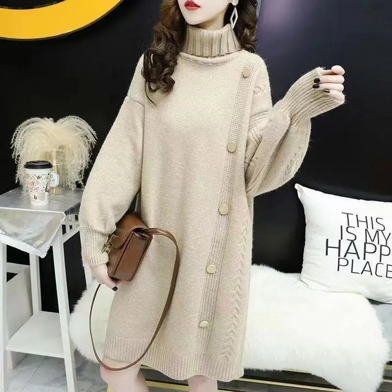 Fashion Turtleneck Knitted Spliced Button Casual Dresses Women's Clothing 2023 Winter New Oversized Commuter Warm Midi Dress